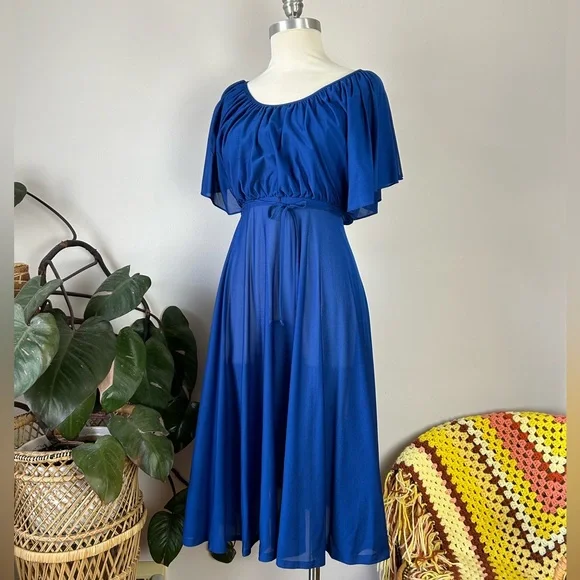 Vintage 70’s Young Edwardian Royal Blue Angel Sleeve Sheer Midi Dress - Picture 3 of 14